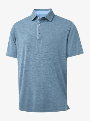 3D view highlighting Modern Fit Melange Polo in GRAYISH BLUE HEATHER, showcasing weave and tailored fit.