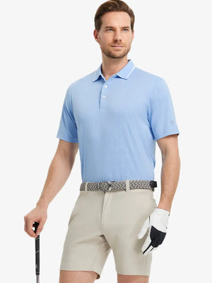 Model wearing Modern Texture Stylish Polo in MISTY BLUE, front half-body view holding golf club.