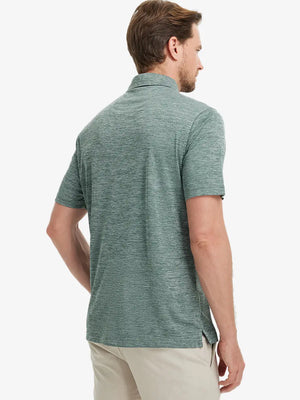 Rear half-body view of Modern Fit Melange Polo in TURQUOISE HEATHER, showing neat fit and fabric details.