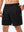 Front lower body shot of model wearing black breathable running shorts with 4 zipper pockets