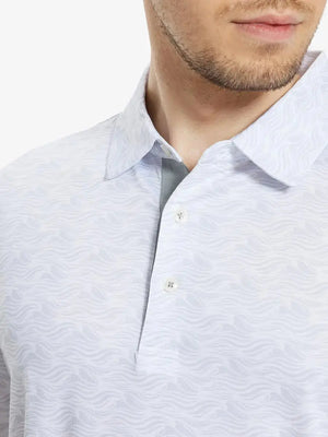 MAELREG Men's Performance Jersey Print Polo – Front chest view in White Grey Sea Wave