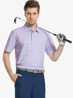 MAELREG Men's Performance Jersey Print Polo in Purple Wine Glass – front half-body with golf pose