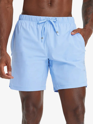 Front lower-body view from waist to knees of model wearing LIGHT BLUE 2 in 1 Running Sports Shorts with Liner