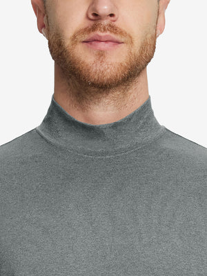Close-up collar view from nose to chest, showing fine fabric texture of the Black Grey Heather turtleneck.