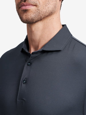 Collar detail of Long sleeve pinstripe jersey polo with clean trim in black stripe