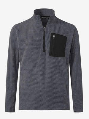 3D front view of midweight warm stretchy quarter zip pullover in grey, simple and sleek look.