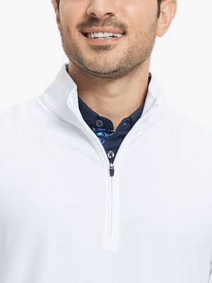 Upper section detail of Premium jacquard quarter zip pullover highlighting white pattern