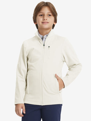 Model wearing kids soft lightweight fleece lined jacket in beige, showcasing front half-body view.