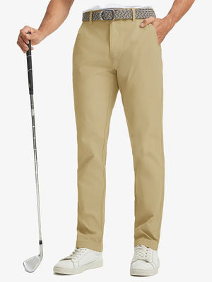 Front lower leg view of Water Repellent 8 Pockets Pants in KHAKI，model holds golf club with right hand.
