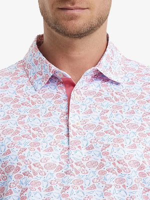MAELREG Men's Performance Jersey Print Polo – Front chest view in White Pizza