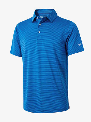 3D view of COBALT STRIPE shirt showing deep cobalt base with clean, athletic stripe layout