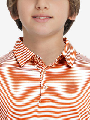 Collar close-up of Kids stripe golf polos with neat trim and orange stripe detail