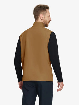 Back upper body of windproof golf vests with zip pockets, showing structure in brown tone