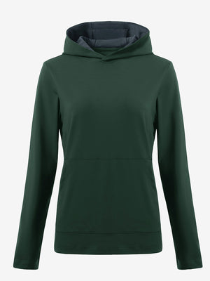 3D front view of women's lightweight hoodies pullover in forest green, showing clean and sporty look.