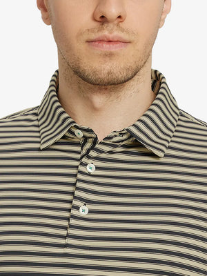 Upper chest close-up wearing Black Khaki Yarn Dyed Stripe Polo – from nose to chest