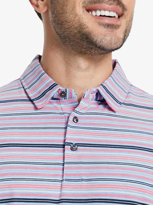 Front half-body view from nose to chest of model wearing PINK BLUE STRIPE Performance Yarn Dye Striped Polo