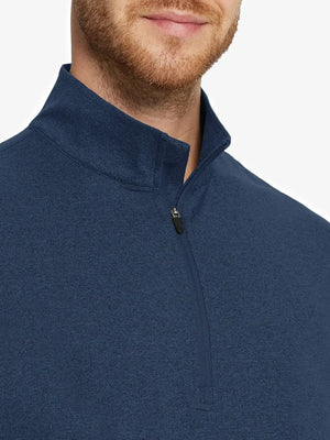 Front close-up from nose to chest, COBALT HEATHER Quarter Zip Melange Pullover with soft textured fabric.