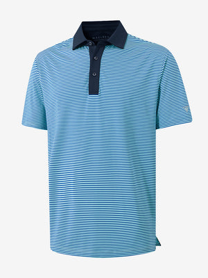 3D view of aqua stripe upgraded two-tone striped quick dry polo shirt.