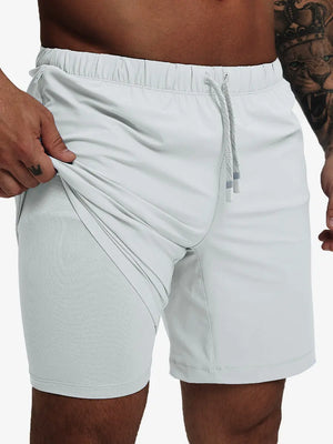 Front lower-body view from waist to knees showing stretch of GLACIER GREY 2 in 1 Running Sports Shorts with Liner