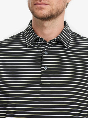 Front chest close-up of BLACK/WHITE STRIPE Polo showing sharp yarn-dyed stripes