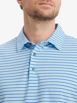 Front chest view of LIGHT BLUE/COBALT STRIPE Polo with fresh cool-toned stripes