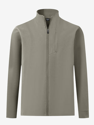 Water-resistant zip up golf jacket in dark khaki, clean 3D front view highlighting sleek design.