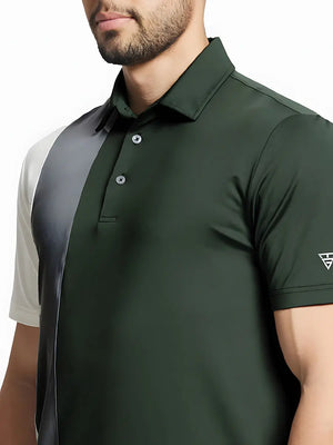 Front half-body view from nose to chest of model wearing OLIVE GREEN Moisture Wicking Color Block Polo Shirt.