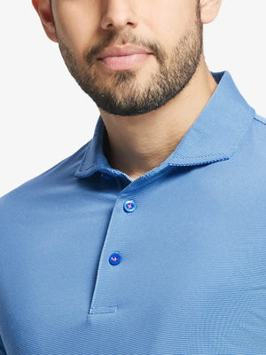 AQUA STRIPE Pinstripe Jersey Performance Polo front view from nose to chest								
