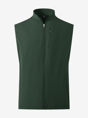 Water-resistant fleece golf vests in forest green, front 3D view highlighting clean structure and fabric