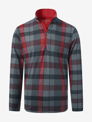 Front 3D view of full print lightweight quarter zip pullover, clean shape with vibrant redblack check design