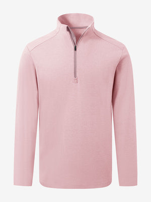 Front 3D view of two tone pique cotton blend q-zip featuring a clean pink finish