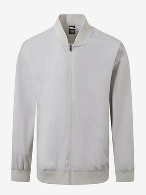 Casual windproof bomber jacket in glacier grey, front 3D view with clean and structured design