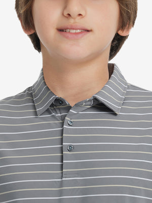 Close-up of collar on trendy boys stripe polo shirts, neat stitching with neutral stripe accent