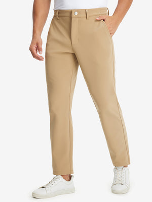 Front lower body shot of model wearing water-resistant stretch heat-tech winter trousers in khaki