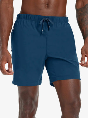 Front lower-body view from waist to knees of model wearing BLUE INDIGO 2 in 1 Running Sports Shorts with Liner
