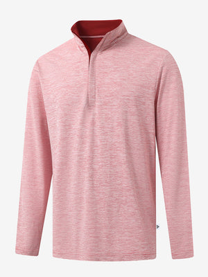 Heather Pinstripe Brushed Dry Fit Quarter Zip Pullover in red heather, 3D front chest view with quarter zip design
