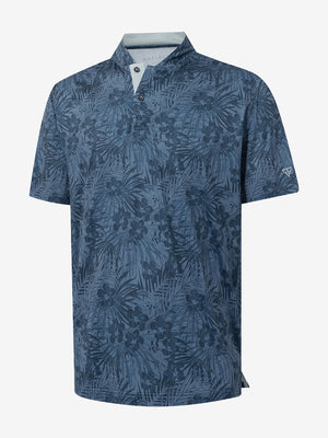 3D view of dark blue plant stretch printed collarless henley golf shirts.