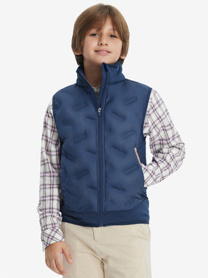Model wearing boys full-zip fleece-lined puffer vest, hand in side pocket, relaxed fit in dark blue