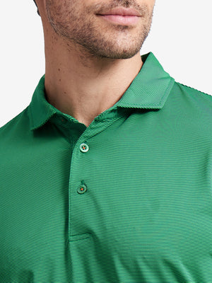 Collar detail of Long sleeve pinstripe jersey polo with clean trim in green stripe