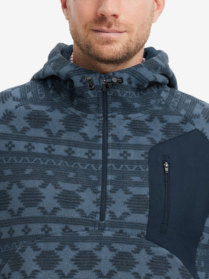 Collar detail from nose to chest, showing texture and zipper finish of the Navy Ethnic fleece top.