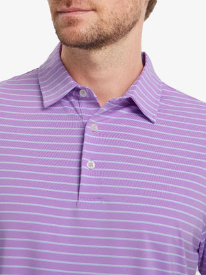 Front chest close-up of LILAC/LIGHT BLUE STRIPE Polo showing soft yarn-dyed stripes