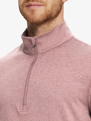Front close-up from nose to chest, PINK HEATHER Quarter Zip Melange Pullover with soft textured fabric.