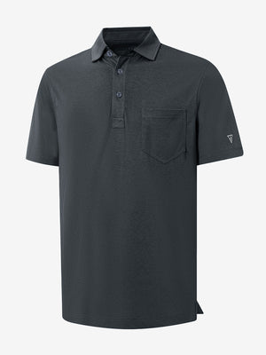 3D render of the greystone heather comfy cotton blend polo shirt with pocket, displaying the garment structure and design clearly