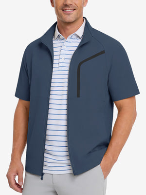 Model front upper body portrait display, lightweight upf50+ short sleeve golf vests jacket in misty blue