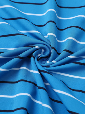 Close-up of classic blue stripe stylish stripe jersey golf polo fabric showing smooth texture and breathable knit.