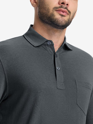 Front view from nose to chest of model wearing the greystone heather comfy cotton blend polo shirt with pocket, showcasing the upper fit