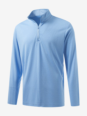 Front 3D view of jacquard quarter zip pullover in light blue, showing its textured fabric design.
