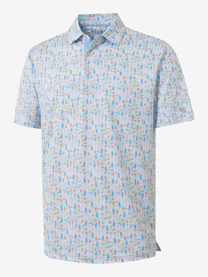 3D render of the colorful wine glass 4 way stretch print collared polo shirt, displaying the garment structure and design clearly