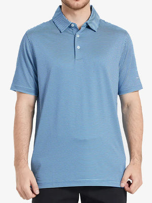 Front half-body shot of model wearing AQUA STRIPE golf shirt, clean and cool aesthetic