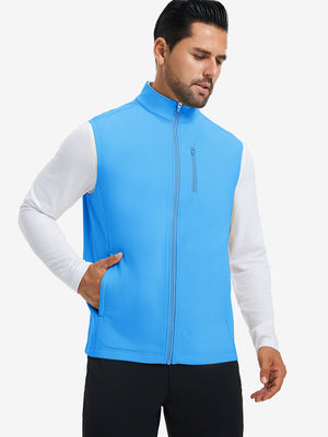 Model wearing water-resistant fleece golf vests, hand in side pocket, relaxed fit in sky blue